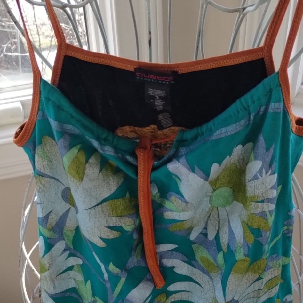 Custo Barcelona Green Floral Tank Top with Orange Accents - Picture 3 of 13